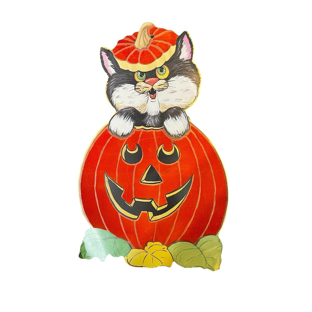 Vtg Eureka Halloween Decoration Cardstock Black Cat in Pumpkin Two Sided Velvet